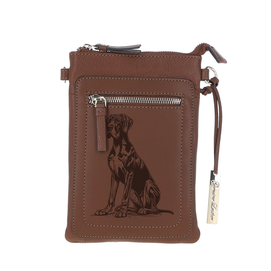 Personalised Great Dane Sitting Engraved Leather Crossbody Smart Phone Bag