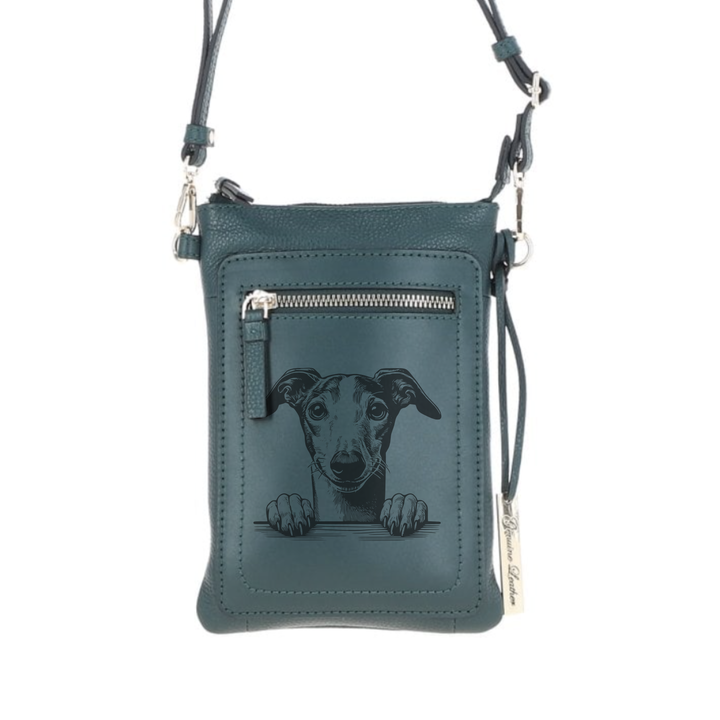 Personalised Greyhound Paws Engraved Leather Crossbody Smart Phone Bag