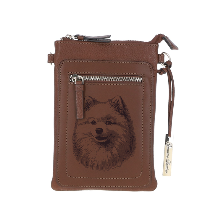 Personalised Japanese Spitz Face Engraved Leather Crossbody Smart Phone Bag