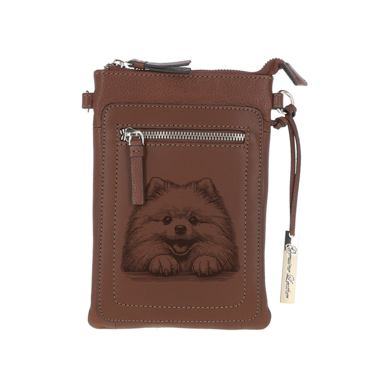 Personalised Japanese Spitz Paws Engraved Leather Crossbody Smart Phone Bag