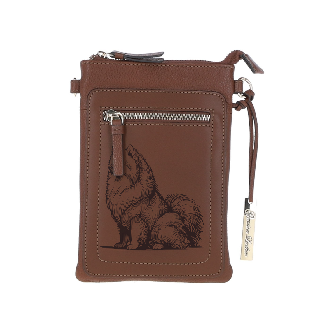 Personalised Japanese Spitz Sitting L Engraved Leather Crossbody Smart Phone Bag