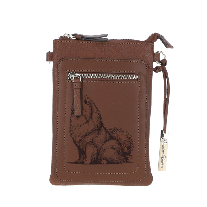 Personalised Japanese Spitz Sitting L Engraved Leather Crossbody Smart Phone Bag