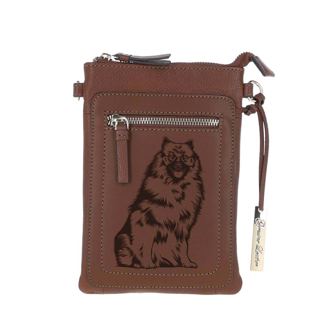 Personalised Keeshond Sitting Engraved Leather Crossbody Smart Phone Bag