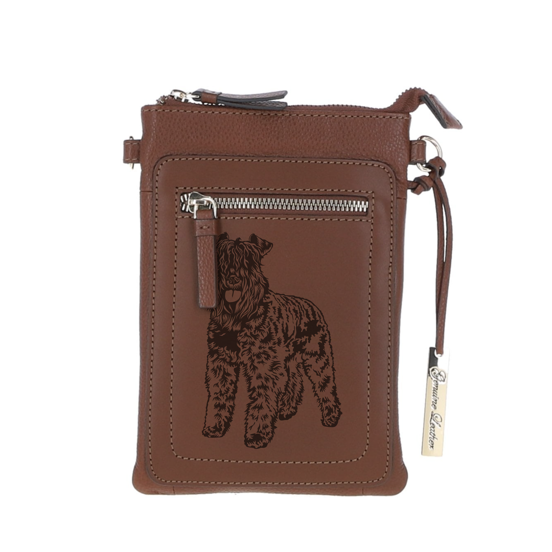 Personalised Kerry Blue Terrier Standing Engraved Leather Crossbody Smart Phone Bag