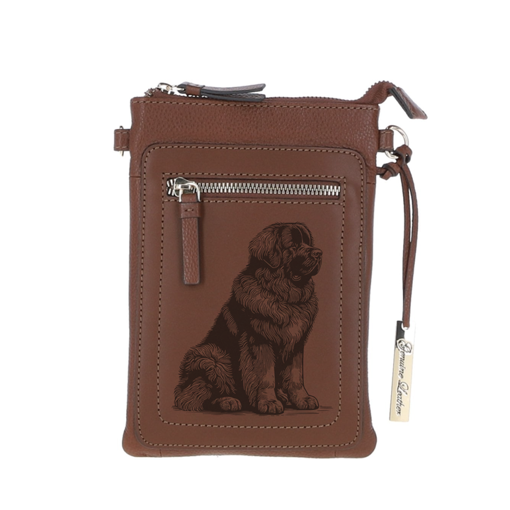 Personalised Leonberger Sitting Engraved Leather Crossbody Smart Phone Bag