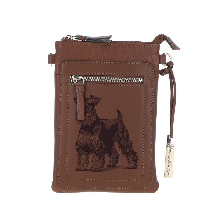 Personalised Miniature Schnauzer Standing Engraved Leather Crossbody Smart Phone Bag