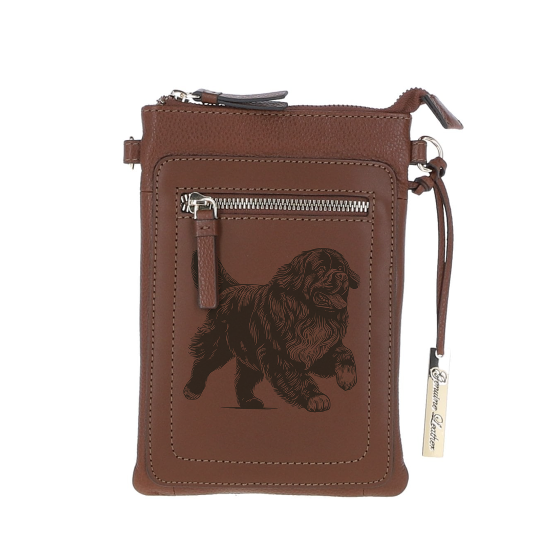 Personalised Newfoundland Running Engraved Leather Crossbody Smart Phone Bag
