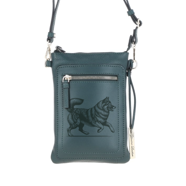Personalised Norwegian Elkhound Running Engraved Leather Crossbody Smart Phone Bag
