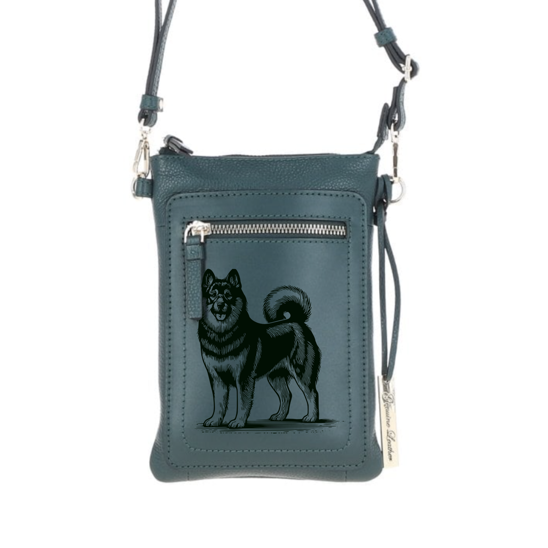 Personalised Norwegian Elkhound Standing Engraved Leather Crossbody Smart Phone Bag