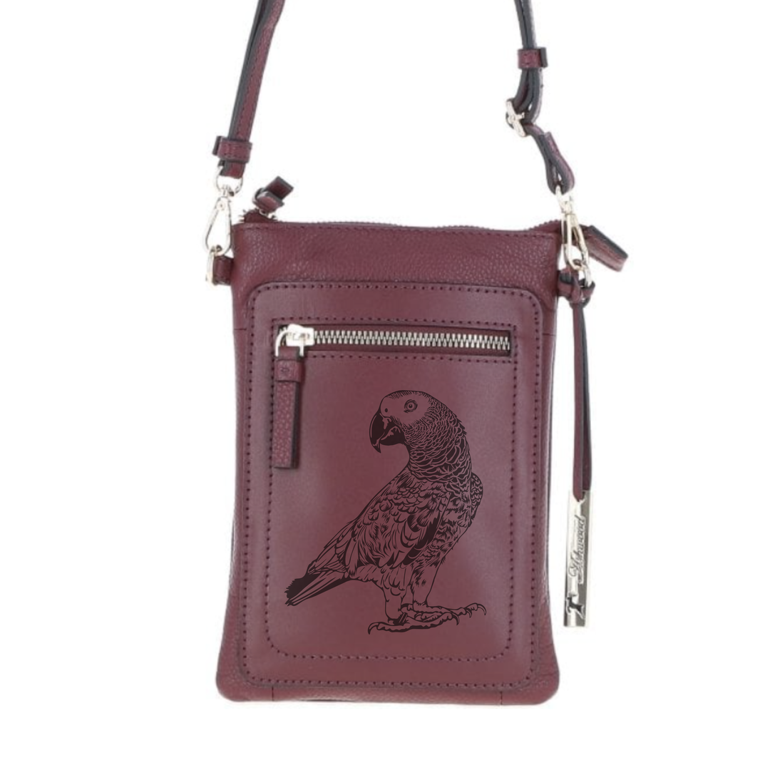 Personalised Parrot Engraved Leather Crossbody Smart Phone Bag