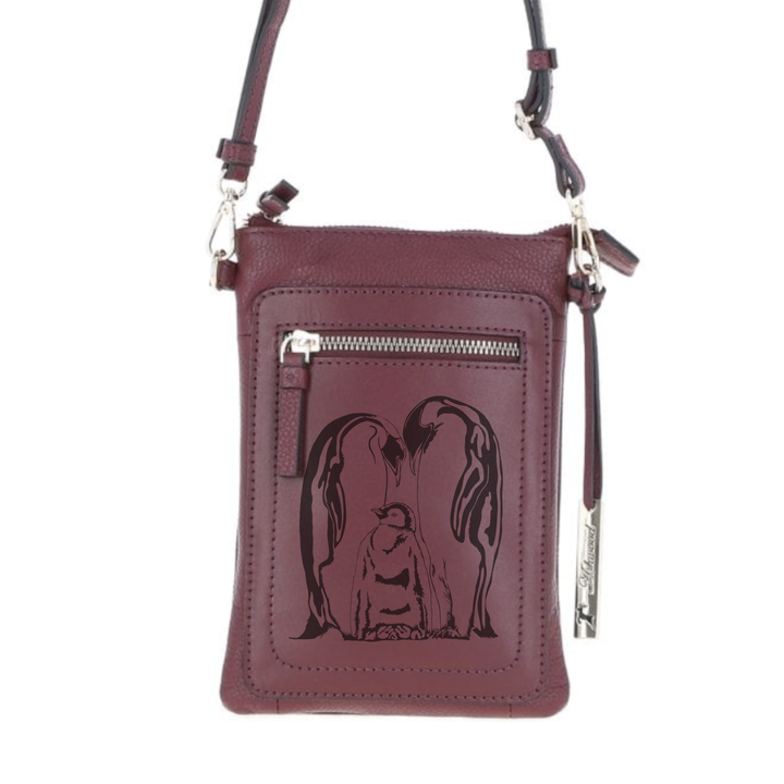 Personalised Penguin Family Engraved Leather Crossbody Smart Phone Bag