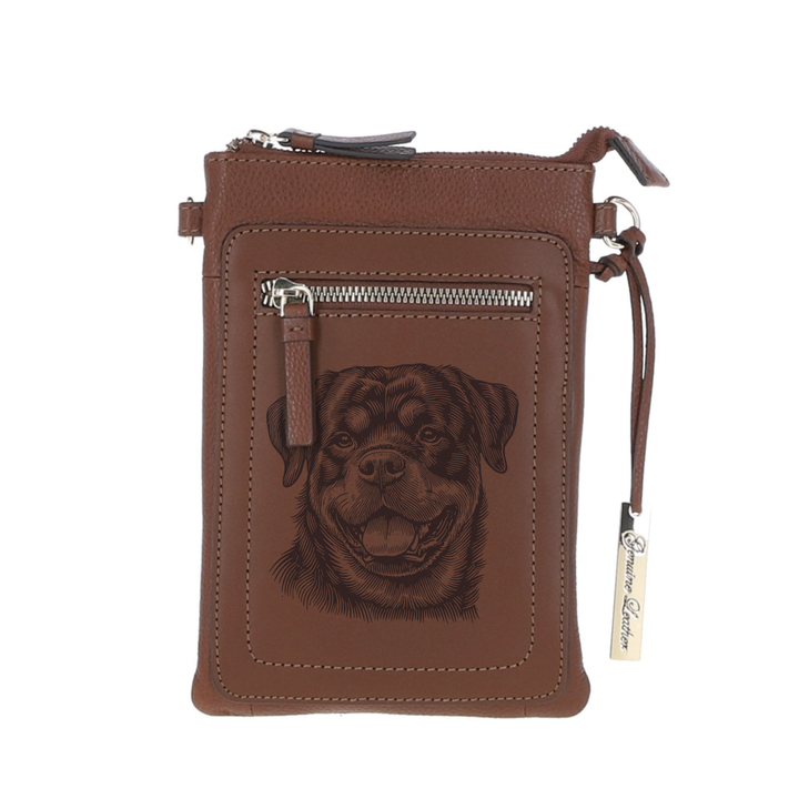 Personalised Rottweiler Face Engraved Leather Crossbody Smart Phone Bag