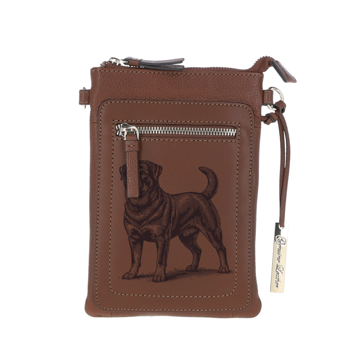 Personalised Rottweiler Standing Engraved Leather Crossbody Smart Phone Bag
