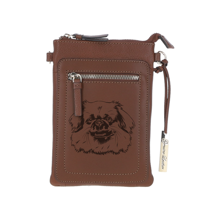 Personalised Tibetan Spaniel Engraved Leather Crossbody Smart Phone Bag