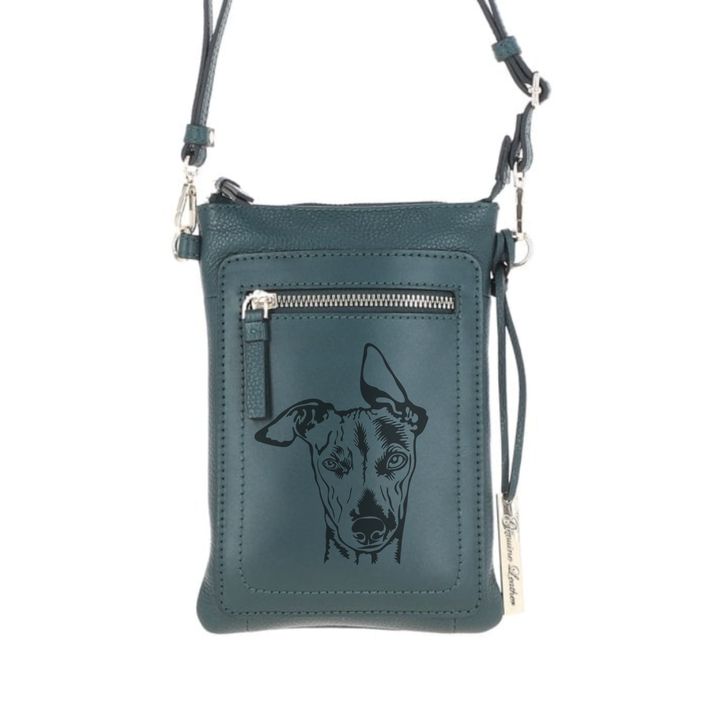 Personalised Whippet Engraved Leather Crossbody Smart Phone Bag