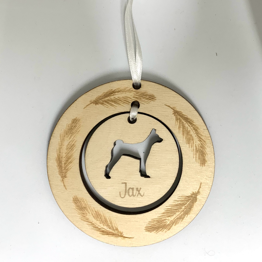 Personalised Basenji Hanging Decoration ~ Feather Wreath