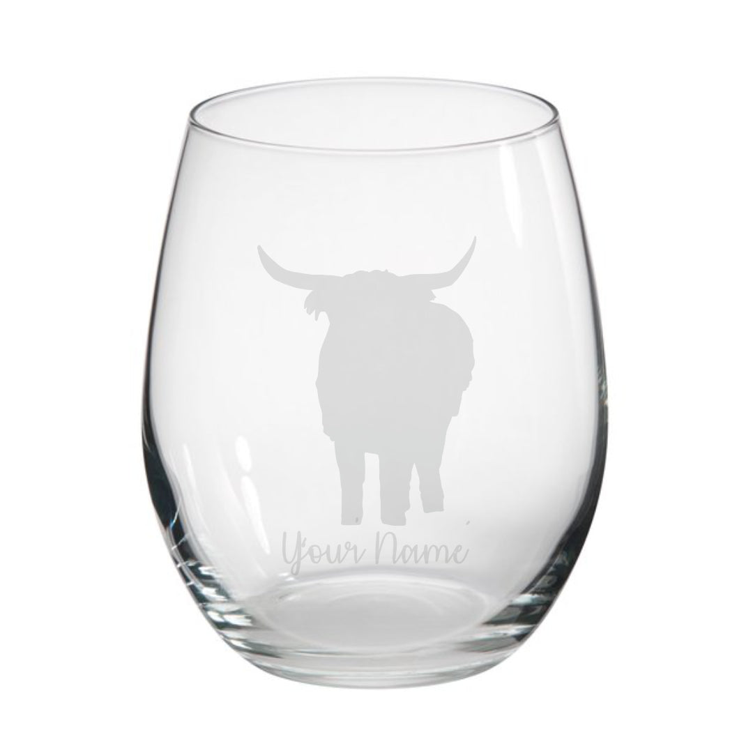 Personalised Highland Cow Stemless Glass