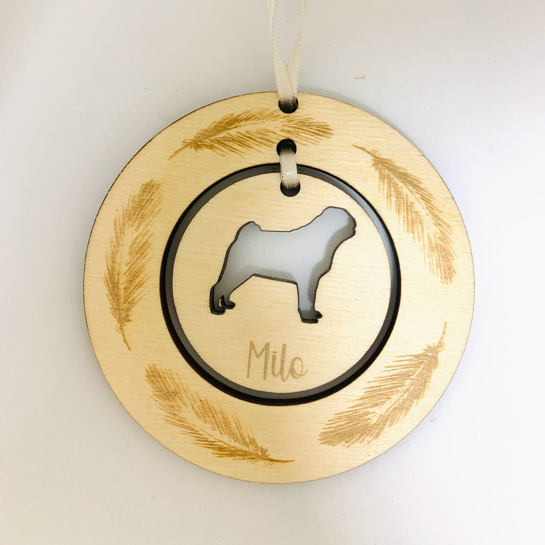 Personalised Pug Hanging Decoration ~ Feather Wreath