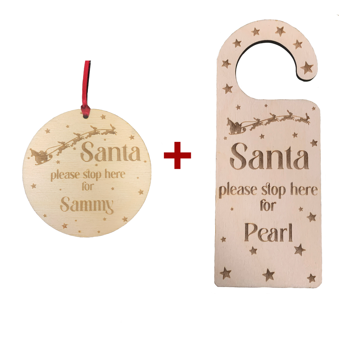 BUNDLE: Personalised Please stop here for Santa Door Hanger and Hanging Decoration